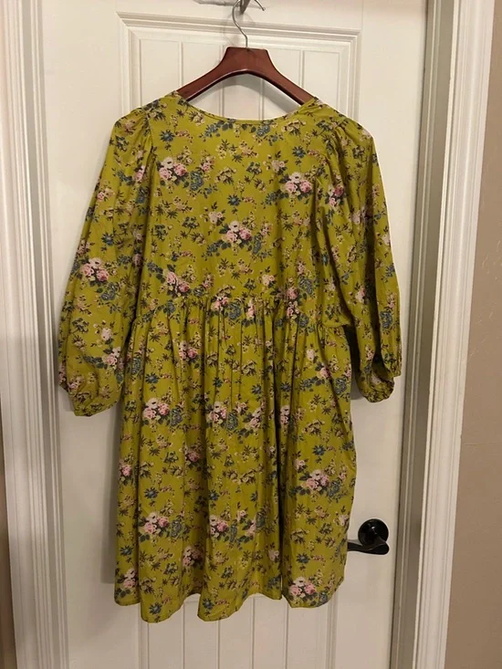 entro Chartreuse Floral V-Neck Dress with Pink & Blue Blooms - Picture 4 of 4